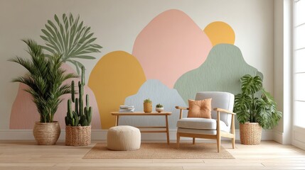 Description Modern living room in Scandinavian style with a white sofa and abstract triptych art. Ideal for interior design blogs, furniture stores, and home decor websites.