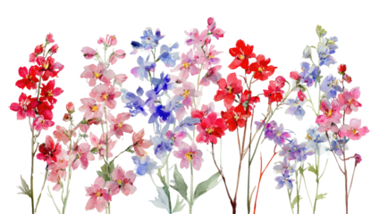 Watercolor depiction of colorful, vibrant flowers with long stems on a black backdrop