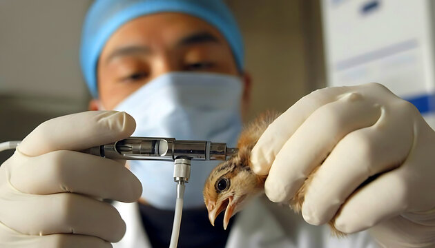 Veterinary professional examining a chick using medical tools in a poultry facility. Concept of animal healthcare, disease monitoring, and modern farming practices.