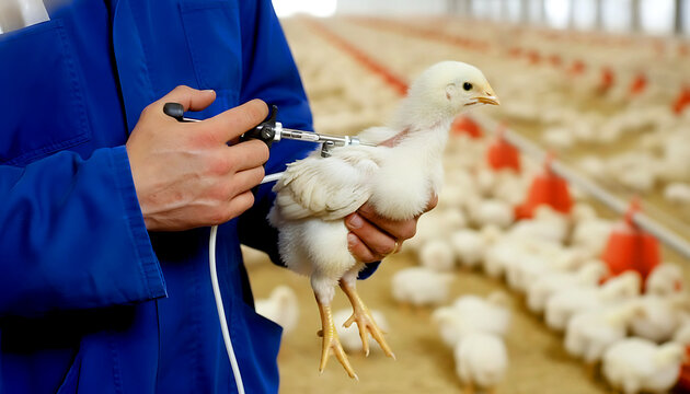 Veterinarian performing health inspection on a young chick inside a modern poultry farm. Concept of animal health, livestock management, biosecurity, and poultry industry.