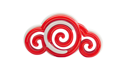 A vibrant, swirling three-part design resembling clouds, with red and white spiral elements
