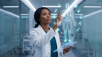 Black female doctor analyzing holographic anatomical model surrounded by medical icons using digital tablet for AI-powered diagnostics and virtual healthcare in modern hospital