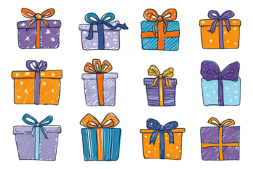 Twelve colorful, hand-drawn gift boxes with ribbons, arranged in a grid on a black background