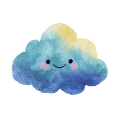 Watercolor illustration of a smiling cloud with blue and yellow hues, on a transparent background