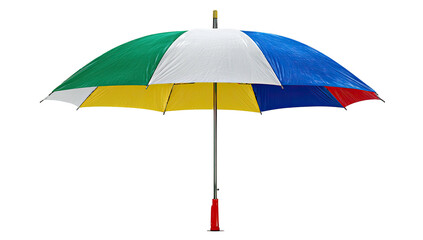 Obraz premium A vibrant, open umbrella with a colorful segmented canopy and a long, metallic pole