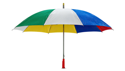 A vibrant, open umbrella with a colorful segmented canopy and a long, metallic pole