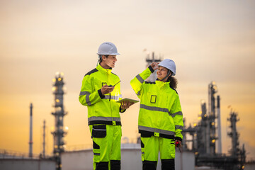 Multi-Ethnic Engineering Team Collaborating on Energy Project at Industrial Plant Background,...