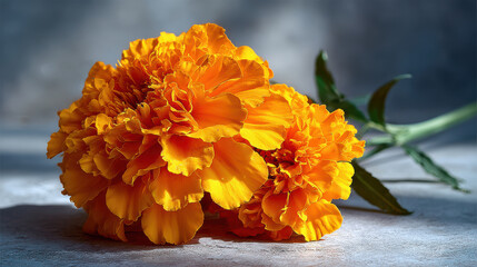 Bright and vibrant marigold flowers showcase daily life in Asia with their stunning orange petals and lush green leaves