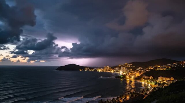 Coastal cityscape glows under a stormy sky, lightning flashes over the ocean