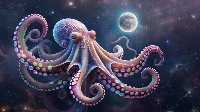 Vibrant Octopus in Space with Full Moon.