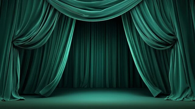 A luxurious green stage curtain draped elegantly, creating an inviting theatrical atmosphere.