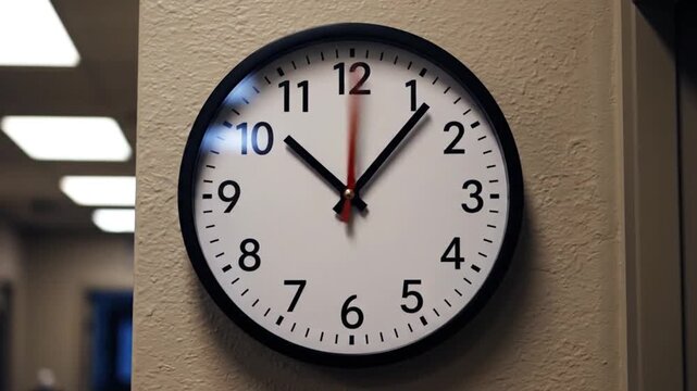 Timelapse of Analog Wall Clock with Fast Moving Hands Showing Time Passing in Office Setting