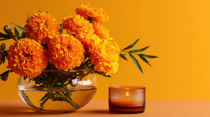 Bright marigold flowers in glass vase create vibrant centerpiece, complemented by glowing candle, perfect for warm evening ambiance