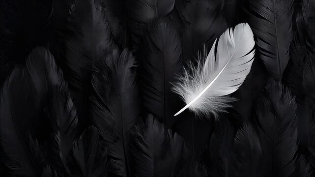 A striking contrast of a white feather against a backdrop of black feathers.