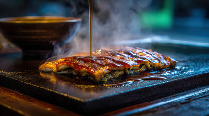 Delicious teppanyaki served in vibrant Chinese market creates inviting atmosphere with steam rising and flavors blending beautifully