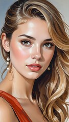 A young woman with flowing blonde hair and blue eyes gazes directly at the viewer, her elegant features illuminated in a captivating portrait, image (87).jpg