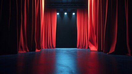 Elegant red stage curtains with dramatic lighting and reflective floor