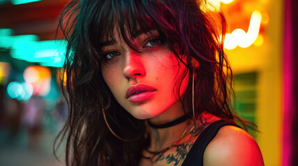 Woman in vibrant urban setting exudes confidence amidst virtual chaos, captured in stunning artwork