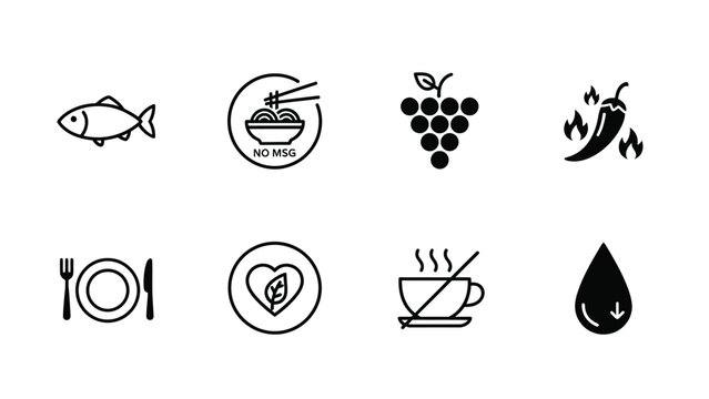 A set of black and white food icons on a clean white background