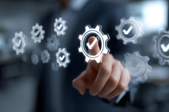 Businessman Touching Virtual Gear Button.