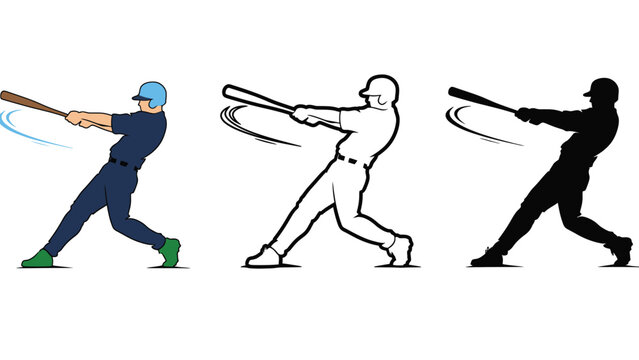 Three baseball players in different stages of swinging a bat