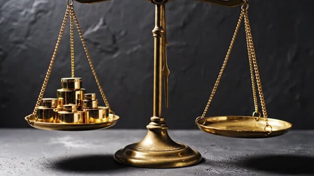 Vintage brass balance scale tipping with heavy gold weights showing inequality and value concept