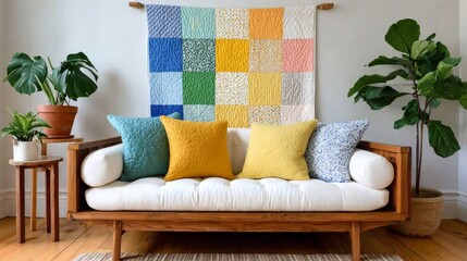 Bright living room with white sofa, colorful pillows, and large wall quilt. Ideal for interior design blogs, home decor websites, and lifestyle magazines focused on cozy modern apartments.