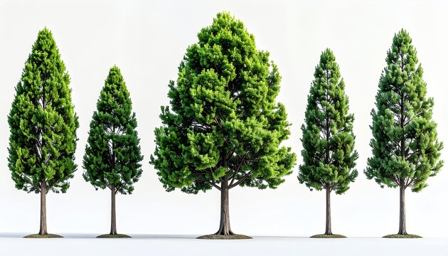 Five Miniature Green Trees Isolated on a White Background.