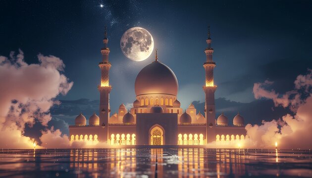 Ramadan Kareem banner with a crescent moon and lantern, with a mosque in the backdrop.