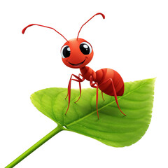 Fototapeta premium A cute cartoon ant standing on a green leaf isolated on transparent background