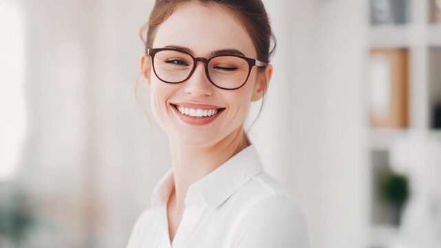 A smiling young woman in glasses poses thoughtfully, showcasing a bright and cheerful demeanor.