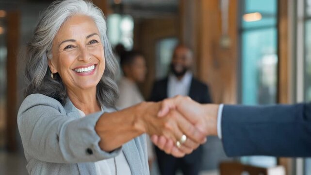 A smiling woman in a business suit extends her hand for a handshake in an office setting.