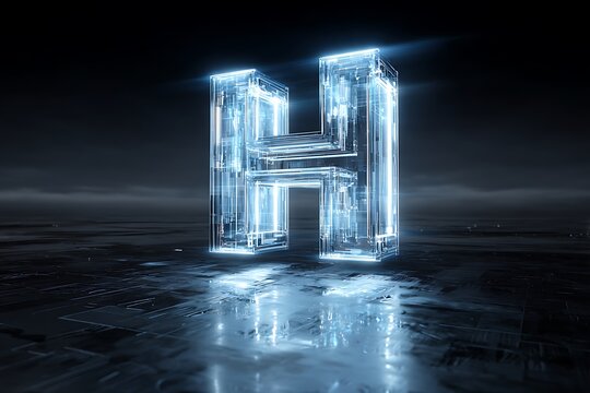 Glowing blue letter H, neon, futuristic, metallic