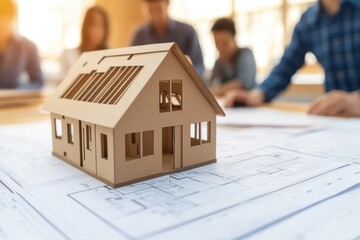 Architects Reviewing House Model and Blueprints in Meeting