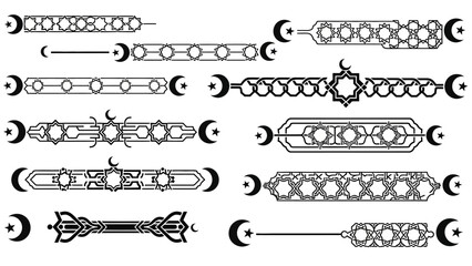 Obraz premium Collection of intricate black and white Islamic-inspired calligraphic borders with crescent moon and star motifs