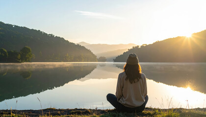 Serene lifestyle scene featuring person sitting by tranquil lake at sunrise, reflecting on nature beauty and peacefulness