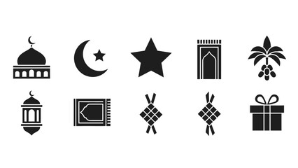 Obraz premium Set of ten black silhouette icons representing Islamic traditions, culture, and celebration elements