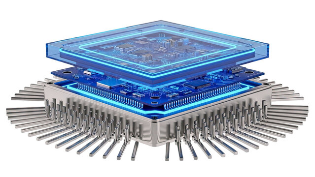 Exploded View of a Computer Processor with Heatsink and Blue Illumination