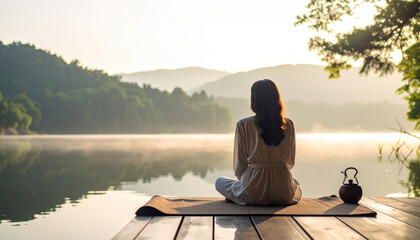 Serene lifestyle scene depicting quiet moment of reflection by tranquil lake, showcasing peaceful atmosphere and human presence