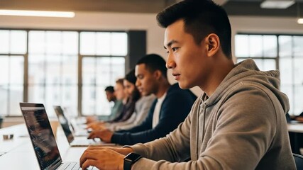 Young Male Students Working Together on Laptops in Modern Classroom Setting - Powered by Adobe