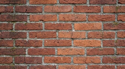 Close-up of a weathered red brick wall with varying shades and textures, showcasing a rustic and aged appearance.