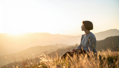 Serene moment of reflection in nature, showcasing person sitting in tall grass during sunset, surrounded by mountains and soft light