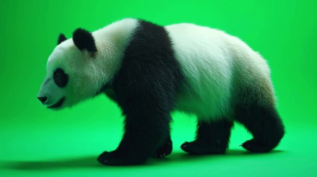 An adorable young giant panda carefully ambles forward across a solid green screen, displaying its iconic black and white fur pattern.