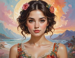 A young woman with flowers in her hair stands in front of a serene landscape at dusk with mountains and sea in the background image (95).jpg
