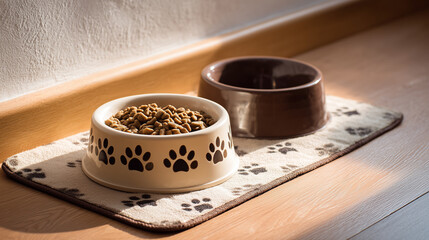 Naklejka na ściany i meble Pet food bowls with dry kibble