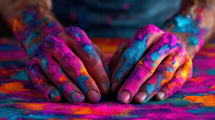 Colorful hands covered vibrant paint rest bright surface, showcasing beauty of solo art therapy session that inspires creativity and expression