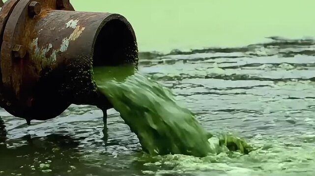 A rusted water pipe is discharging a thick, greenish liquid, causing serious water pollution and algae growth.