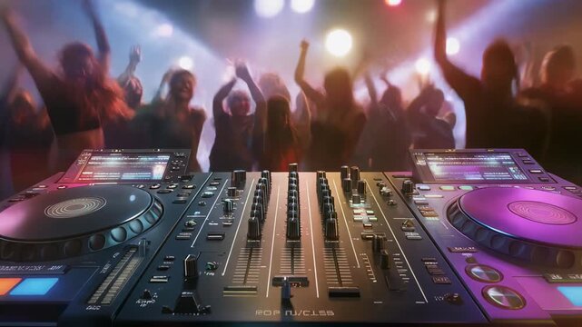 A vibrant DJ setup with a crowd enjoying music at a lively event.