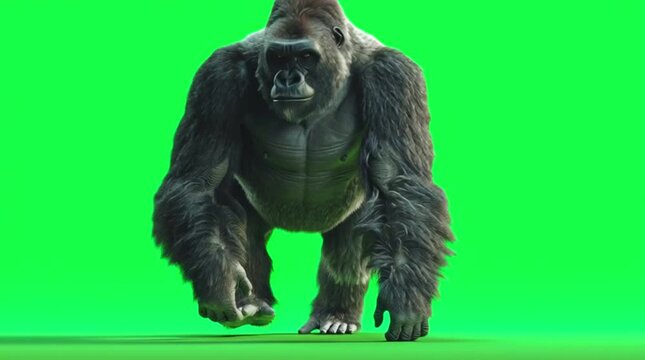 A powerful and majestic silverback gorilla gracefully walks with purpose across a bright green screen, displaying its immense strength.