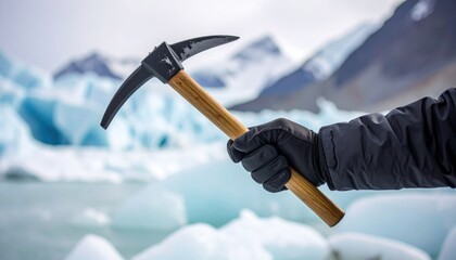Explorer Holds Ice Axe Over Blue Glacial Ice Formations and Snow Capped Mountains Under Cloudy Sky